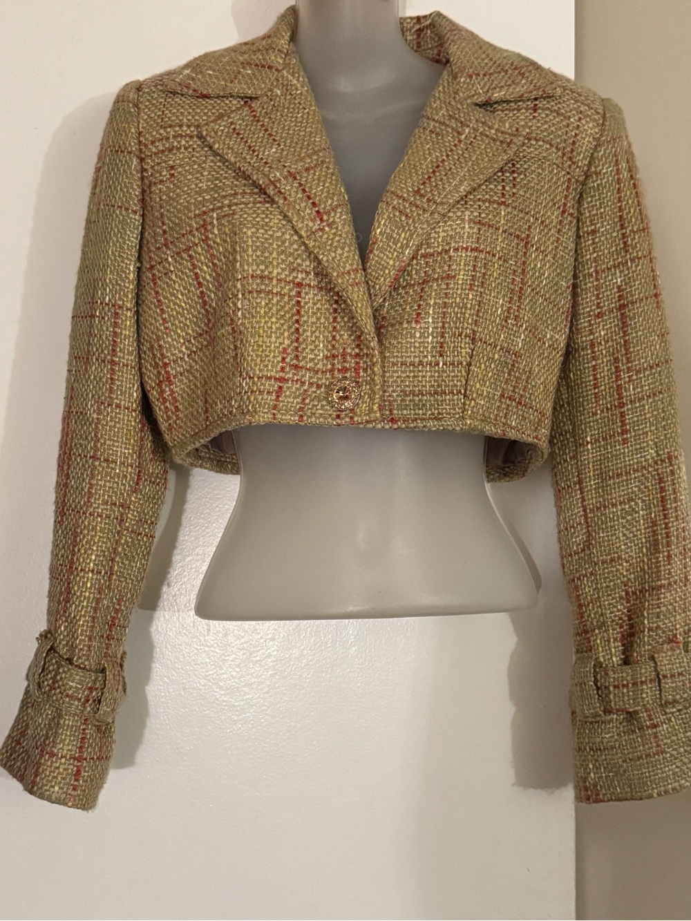 Cropped Tweed Jacket in Olive-Gold Plaid